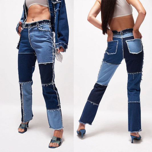 2020 summer new big Amazon European and American trend variegated stitching high waist tight hip women's straight denim trousers
