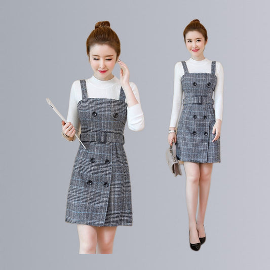 2022 autumn and winter new plaid woolen women's small fragrance suspender skirt suspender skirt